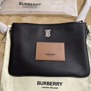 Burberry Peyton Monogram Black Grainy Leather Pouch Crossbody Bag